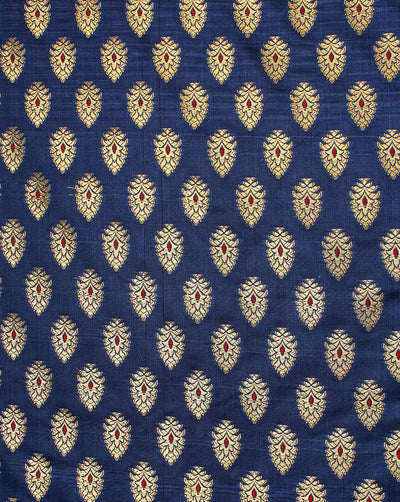 Royal Blue And Golden Floral Design Polyester Brocade Fabric