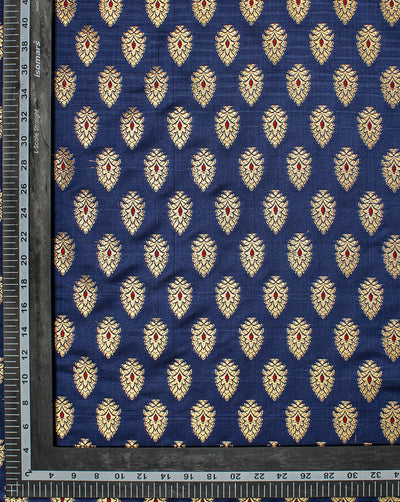 Royal Blue And Golden Floral Design Polyester Brocade Fabric