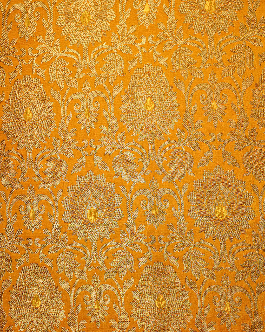 Yellow And Golden Floral Design Polyester Brocade Fabric