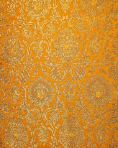 Yellow And Golden Floral Design Polyester Brocade Fabric