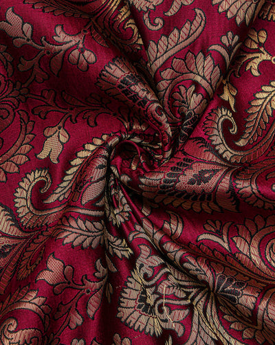 Dark Pink And Golden Floral Design Polyester Brocade Fabric