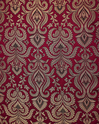 Dark Pink And Golden Floral Design Polyester Brocade Fabric