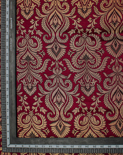 Dark Pink And Golden Floral Design Polyester Brocade Fabric