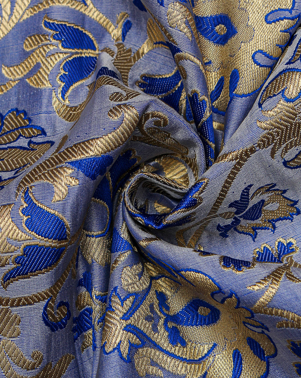 Royal Blue And Golden Floral Design Polyester Brocade Fabric