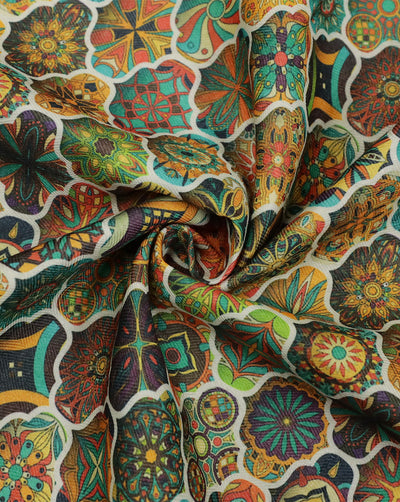 MULTICOLOR ABSTRACT DESIGN PRINTED POLYESTER SPUN FABRIC