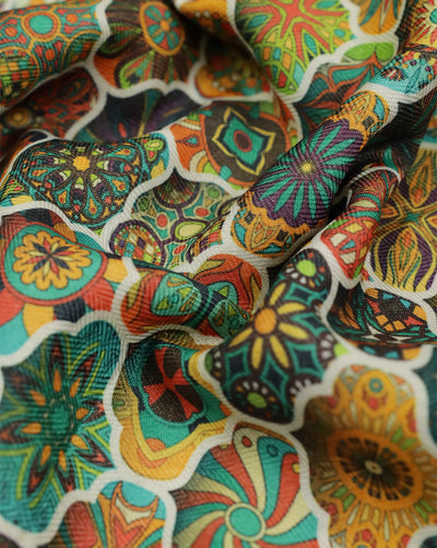 MULTICOLOR ABSTRACT DESIGN PRINTED POLYESTER SPUN FABRIC