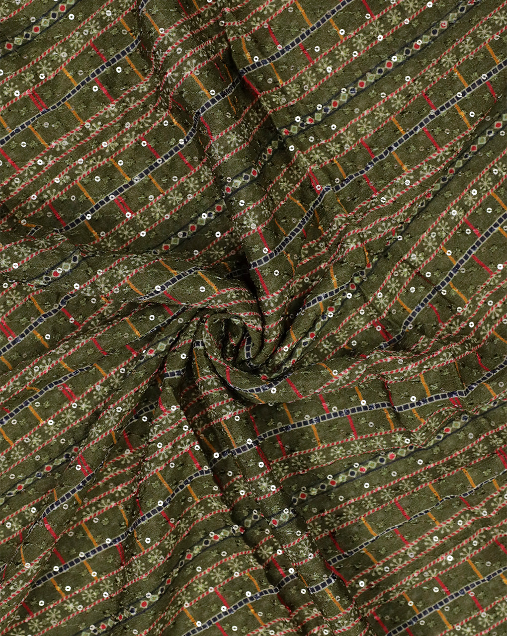 MEHENDI GREEN CHINON CHIFFON FABRIC WITH SEQUINS EMBROIDERY