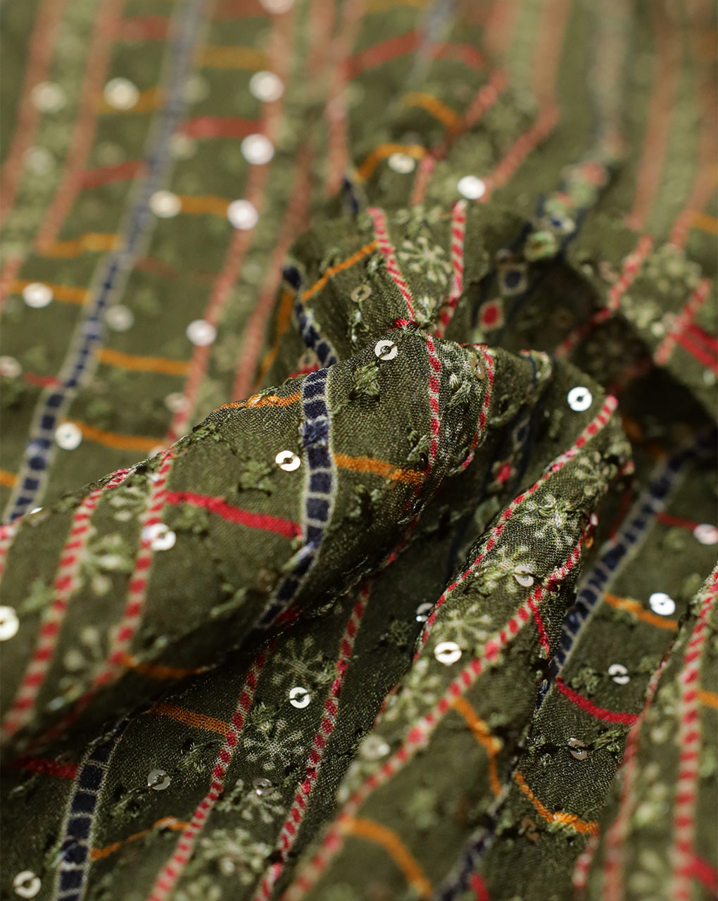 MEHENDI GREEN CHINON CHIFFON FABRIC WITH SEQUINS EMBROIDERY