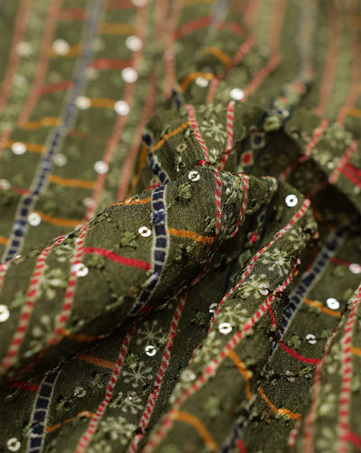 MEHENDI GREEN CHINON CHIFFON FABRIC WITH SEQUINS EMBROIDERY