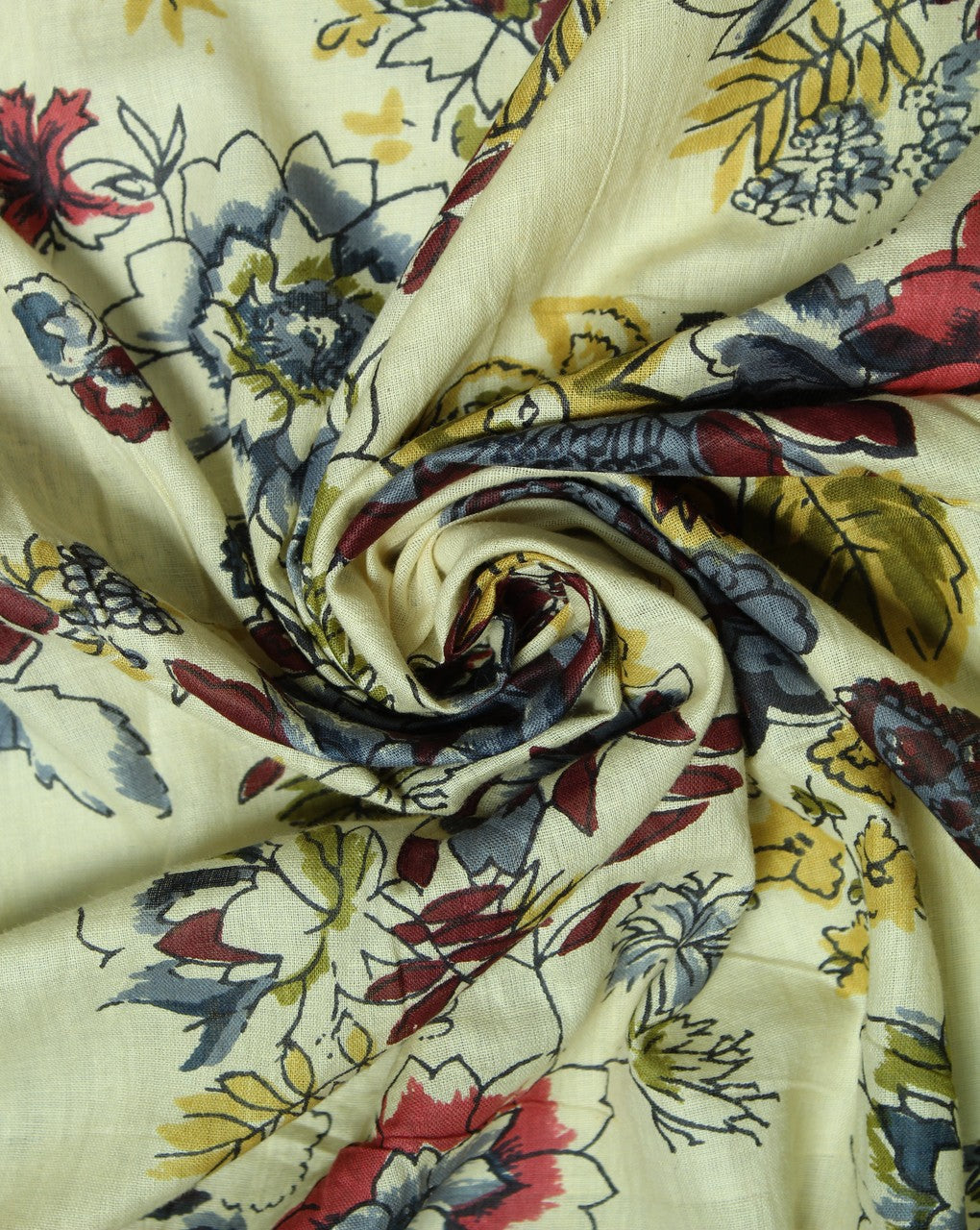 Light Yellow And Multicolor Floral Design Cotton Voil Fabric