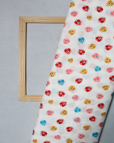 White And Multicolor Heart Design Cotton Cambric Fabric