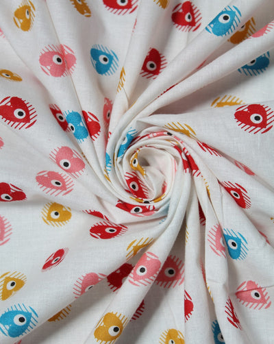 White And Multicolor Heart Design Cotton Cambric Fabric