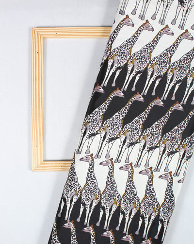 White And Multicolor Giraffe Design Polyester Crepe Fabric