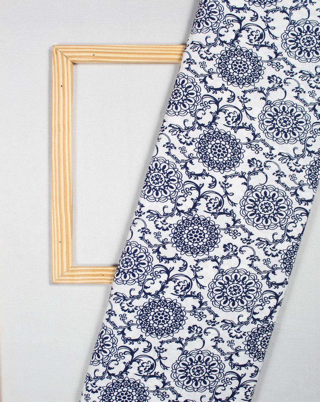 White And Navy Blue Floral Design Polyester Crepe Fabric