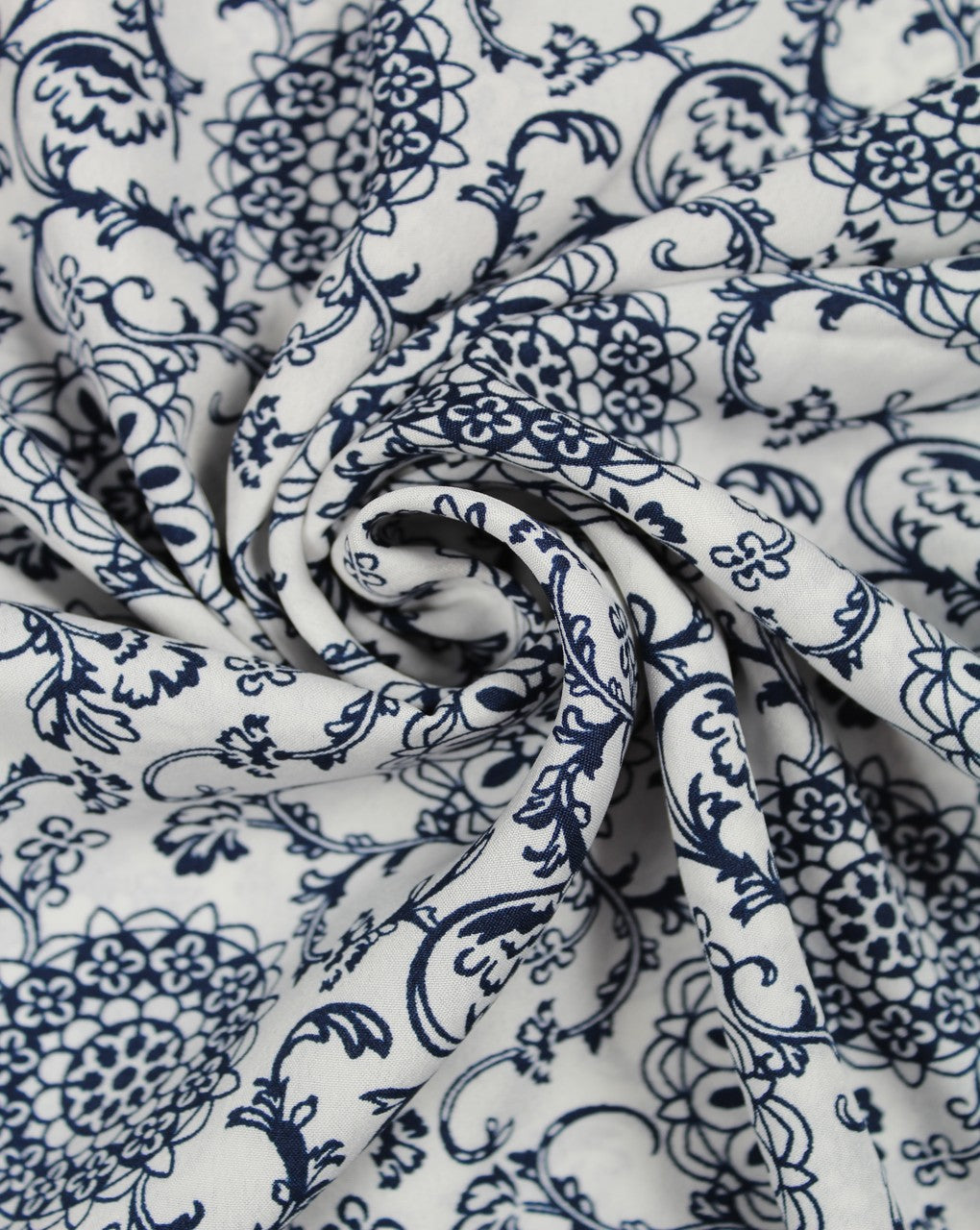 White And Navy Blue Floral Design Polyester Crepe Fabric