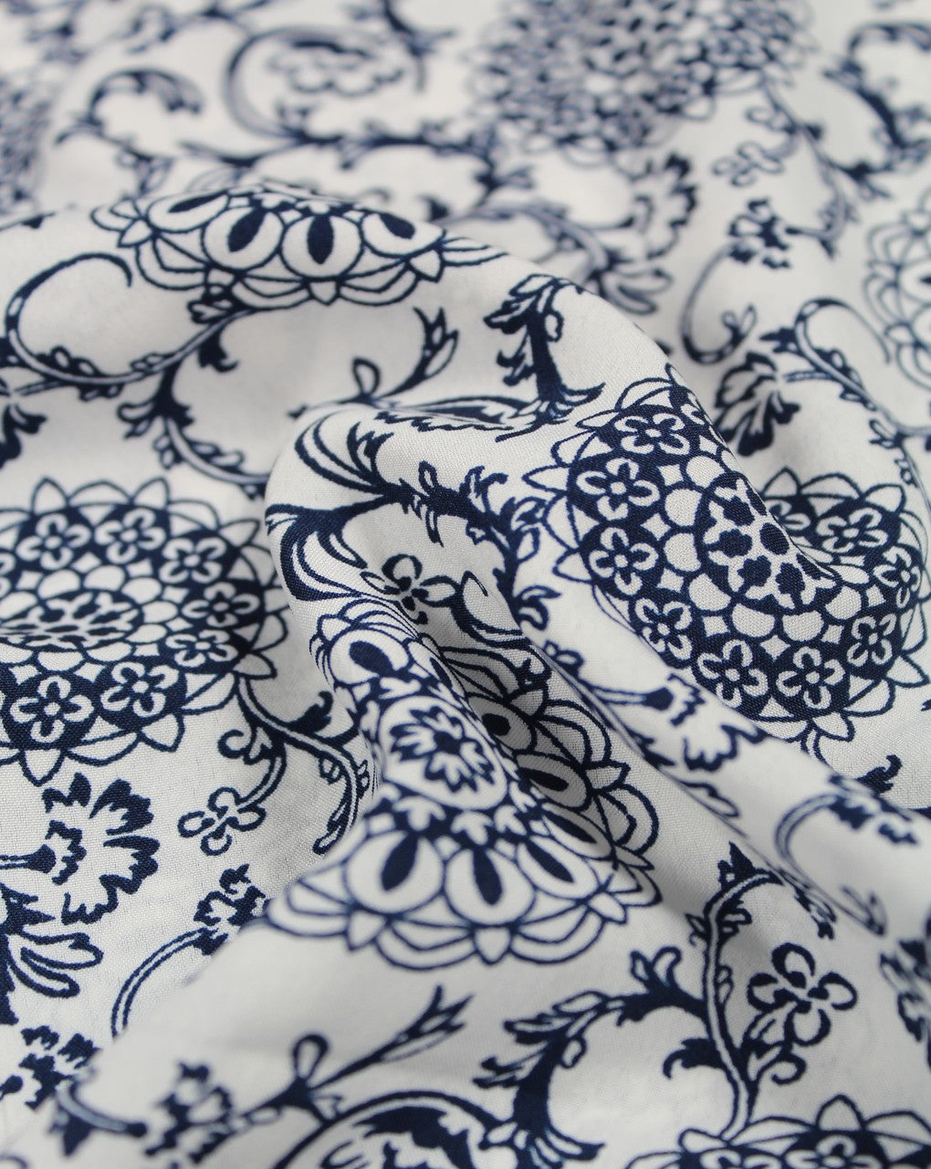 White And Navy Blue Floral Design Polyester Crepe Fabric