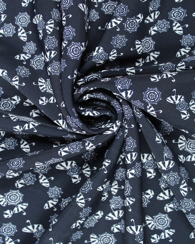 Navy Blue And White Umbrella Design Polyester Crepe Fabric