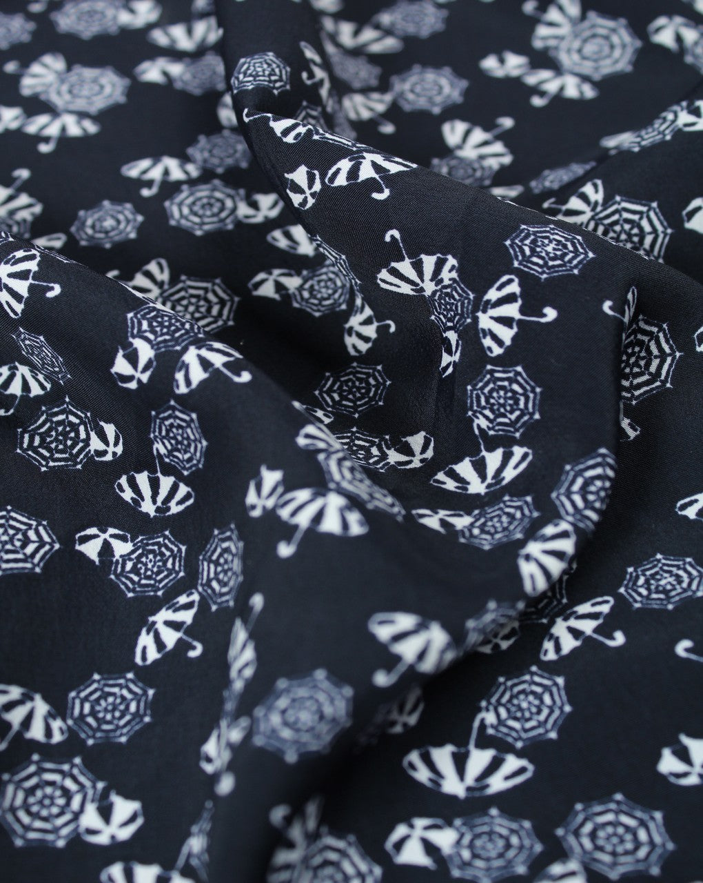 Navy Blue And White Umbrella Design Polyester Crepe Fabric