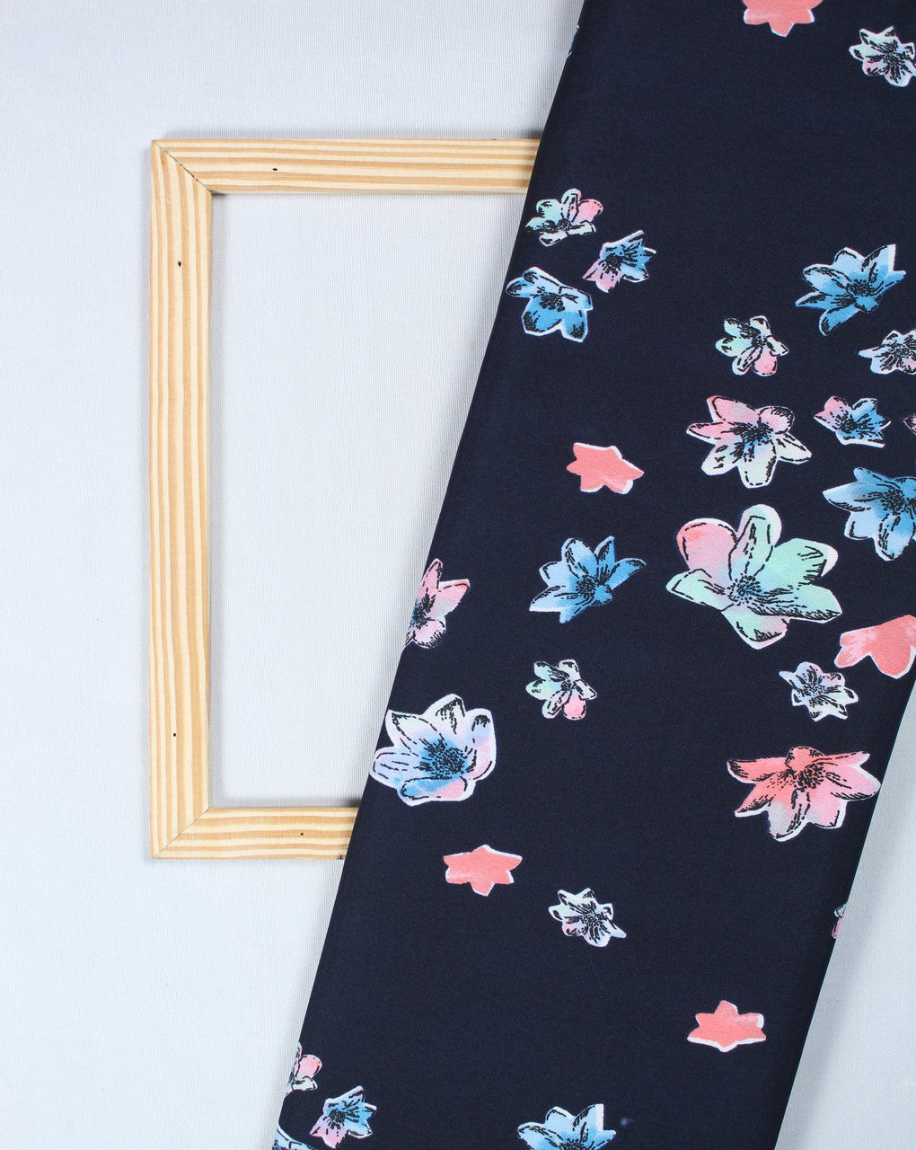 Navy Blue And Multicolor Floral Design Polyester Crepe Fabric