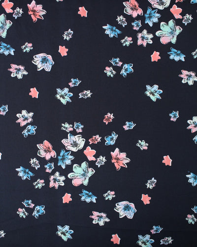 Navy Blue And Multicolor Floral Design Polyester Crepe Fabric