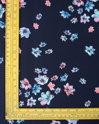 Navy Blue And Multicolor Floral Design Polyester Crepe Fabric