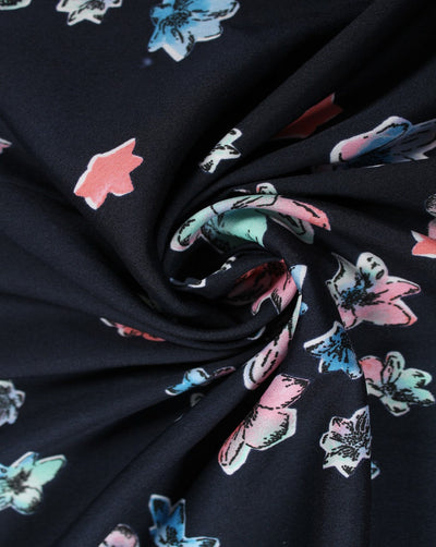 Navy Blue And Multicolor Floral Design Polyester Crepe Fabric