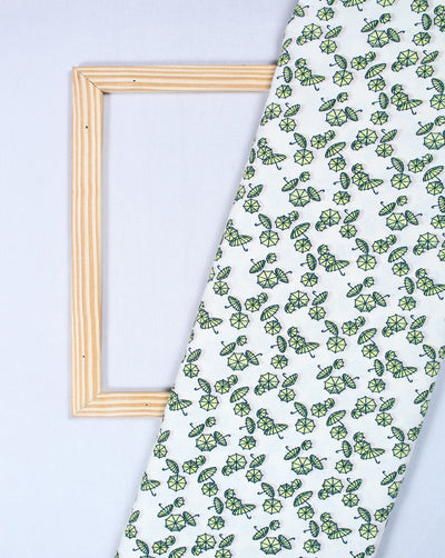 White And Green Umbrella Design Polyester Crepe Fabric