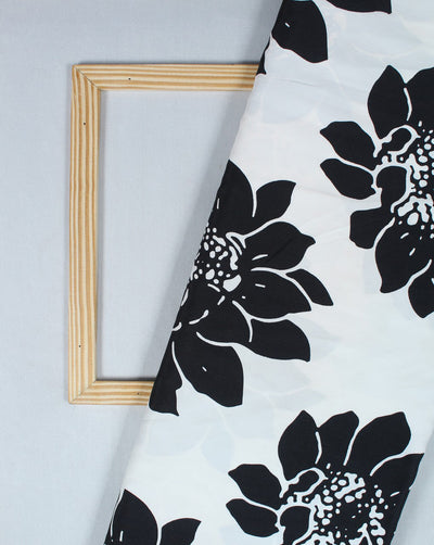 White And Black Floral Design 1 Polyester Crepe Fabric
