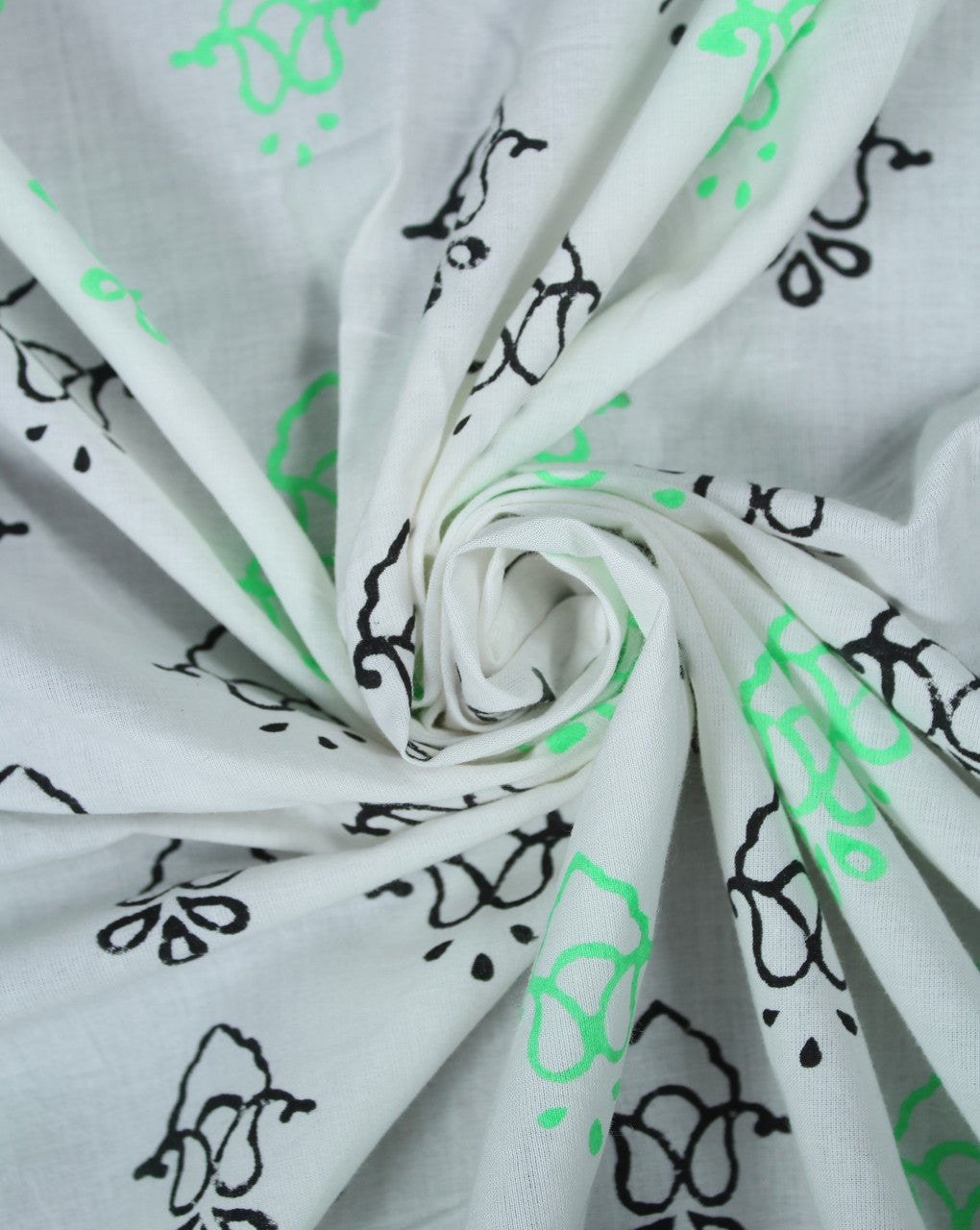 White And Green Abstract Design Cotton Cambric Fabric