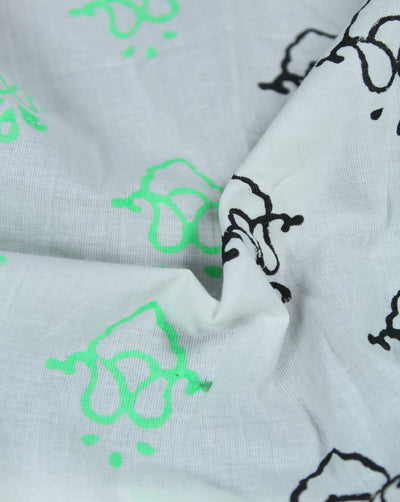 White And Green Abstract Design Cotton Cambric Fabric