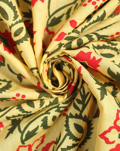 Yellow And Green Floral Design Cotton Cambric Fabric