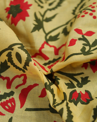 Yellow And Green Floral Design Cotton Cambric Fabric