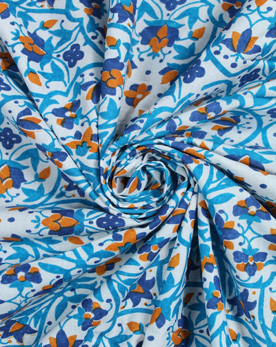 White And Multicolor Floral Design Cotton Cambric Fabric