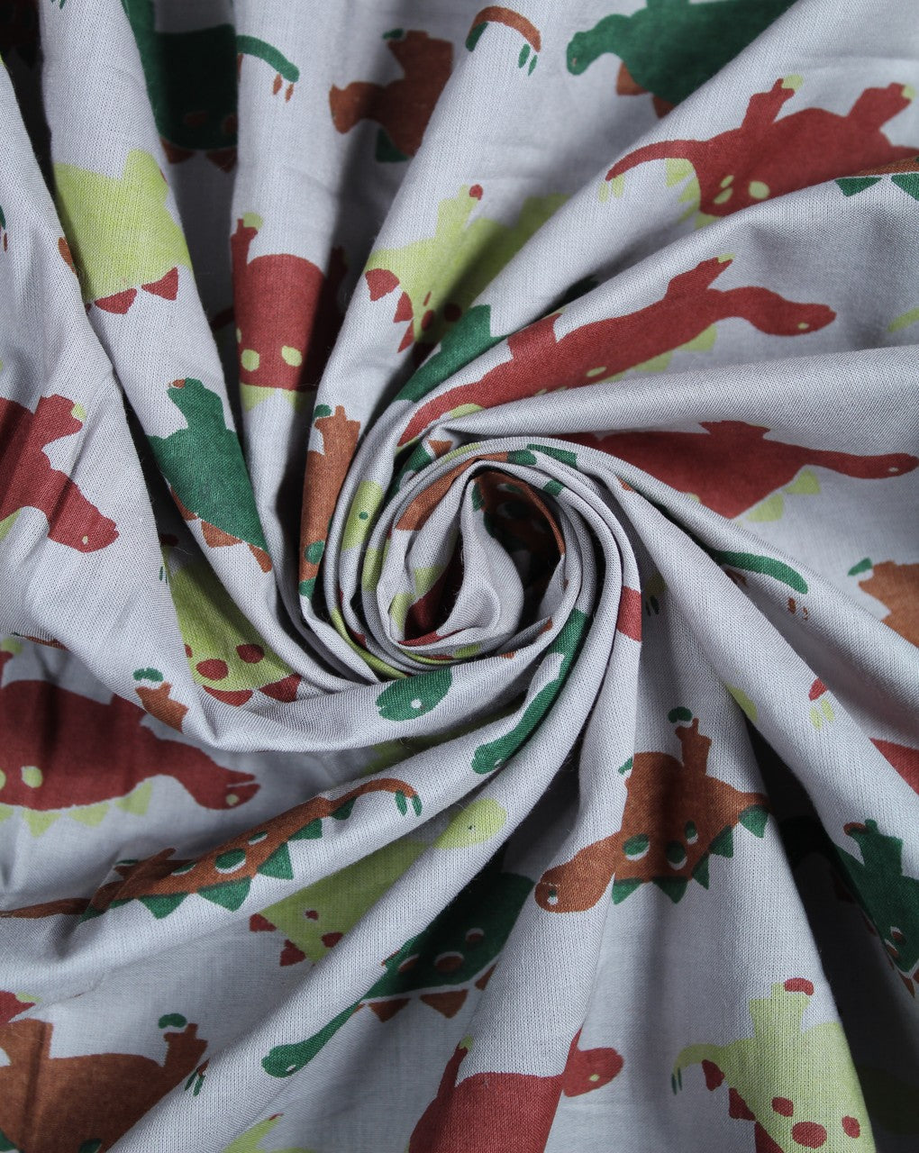Grey And Multicolor Dinosaur Design Cotton Cambric Fabric