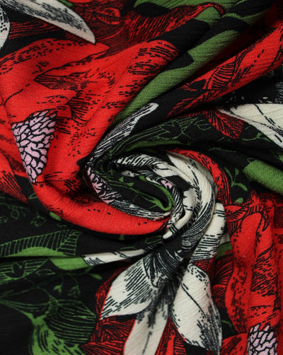 Black And Multicolor Floral Design Rayon Fabric
