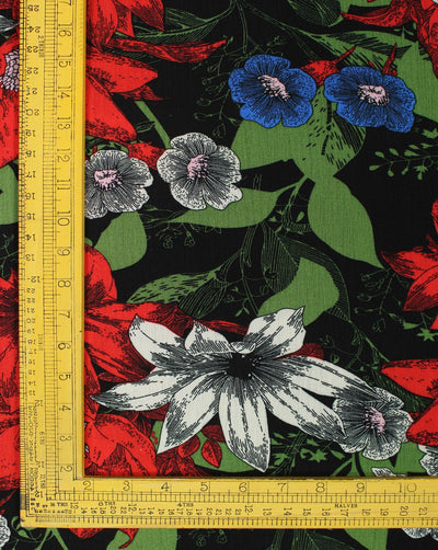 Black And Multicolor Floral Design Rayon Fabric
