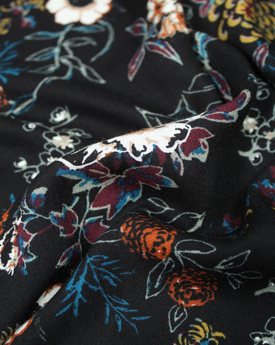 Black And Multicolor Flower Design Rayon Fabric