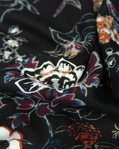 Black And Multicolor Flower Design Rayon Fabric