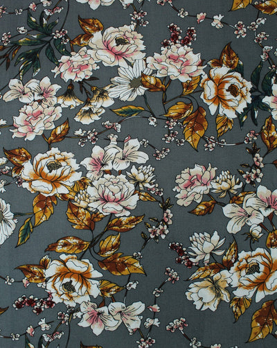 Grey And Multicolor Floral Design Rayon Fabric