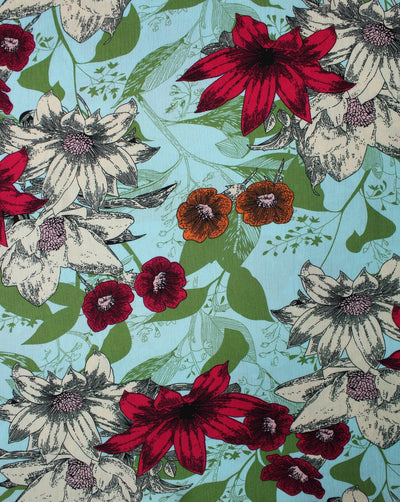 Blue And Multicolor Floral Print Rayon Fabric