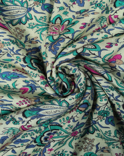 Yellow And Multicolor Floral Design Rayon Print Fabric