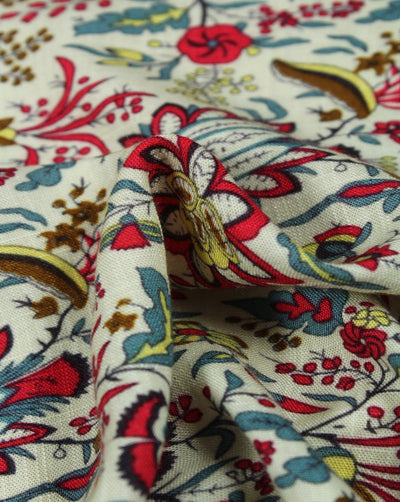 Cream And Multicolor Floral Design Rayon Fabric
