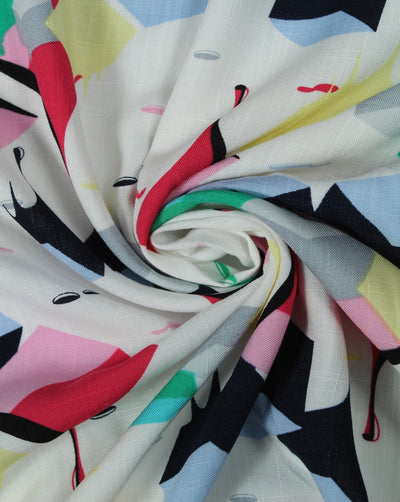 White And Multicolor Abstract Design Rayon Fabric