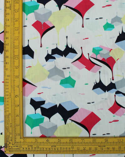 White And Multicolor Abstract Design Rayon Fabric