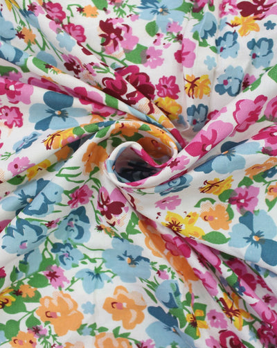 White And Multicolor Floral Design 3 Rayon Fabric