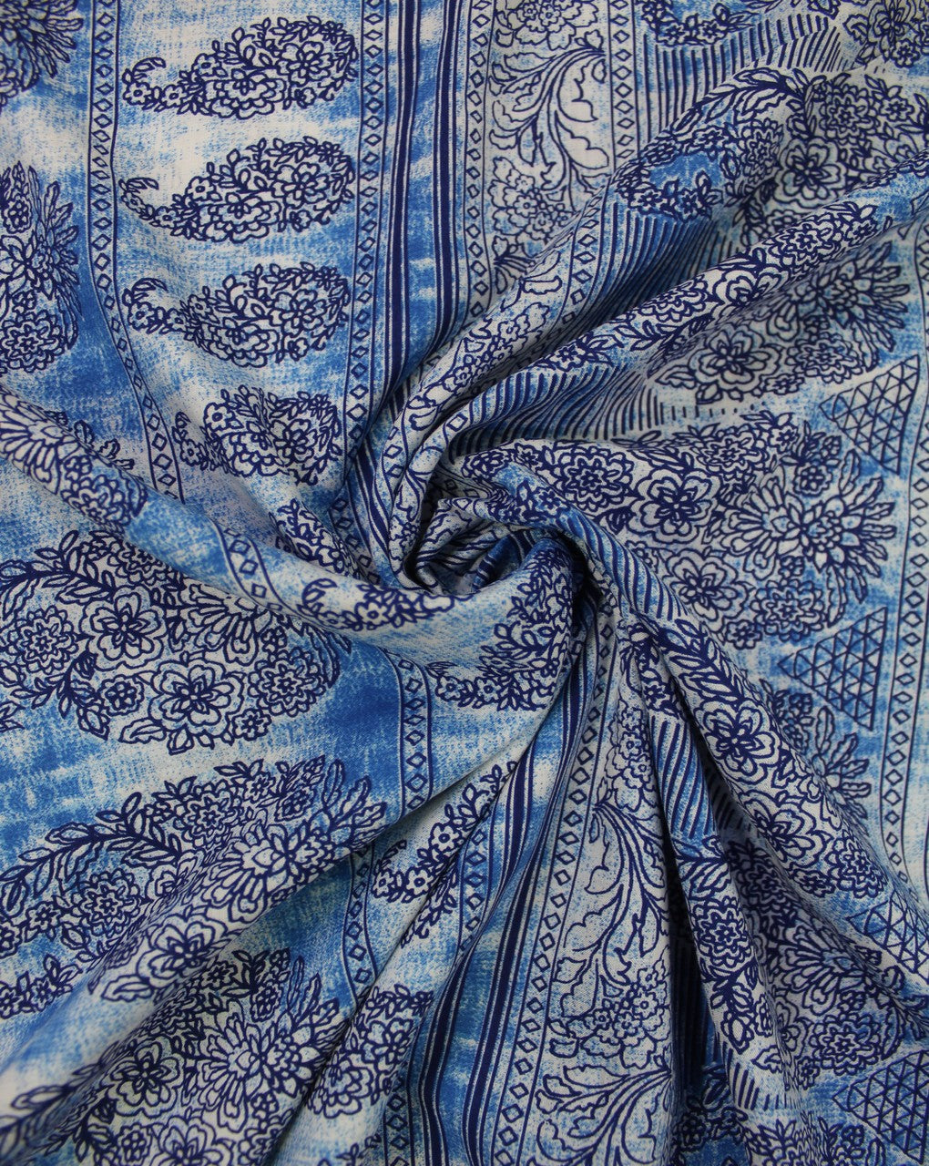 White And Blue Floral Print Rayon Fabric