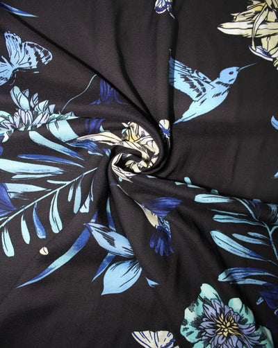 Black And Multicolor Birds & Leaf Print Rayon Fabric
