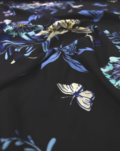 Black And Multicolor Birds & Leaf Print Rayon Fabric