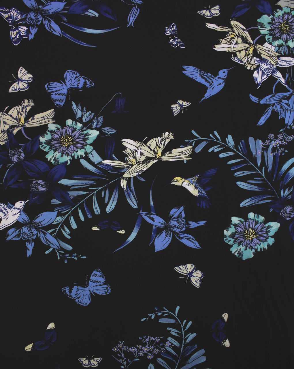 Black And Multicolor Birds & Leaf Print Rayon Fabric