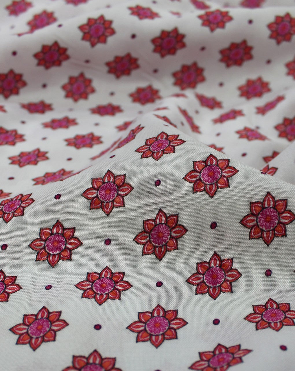 White And Red & Pink Floral Print Rayon Fabric